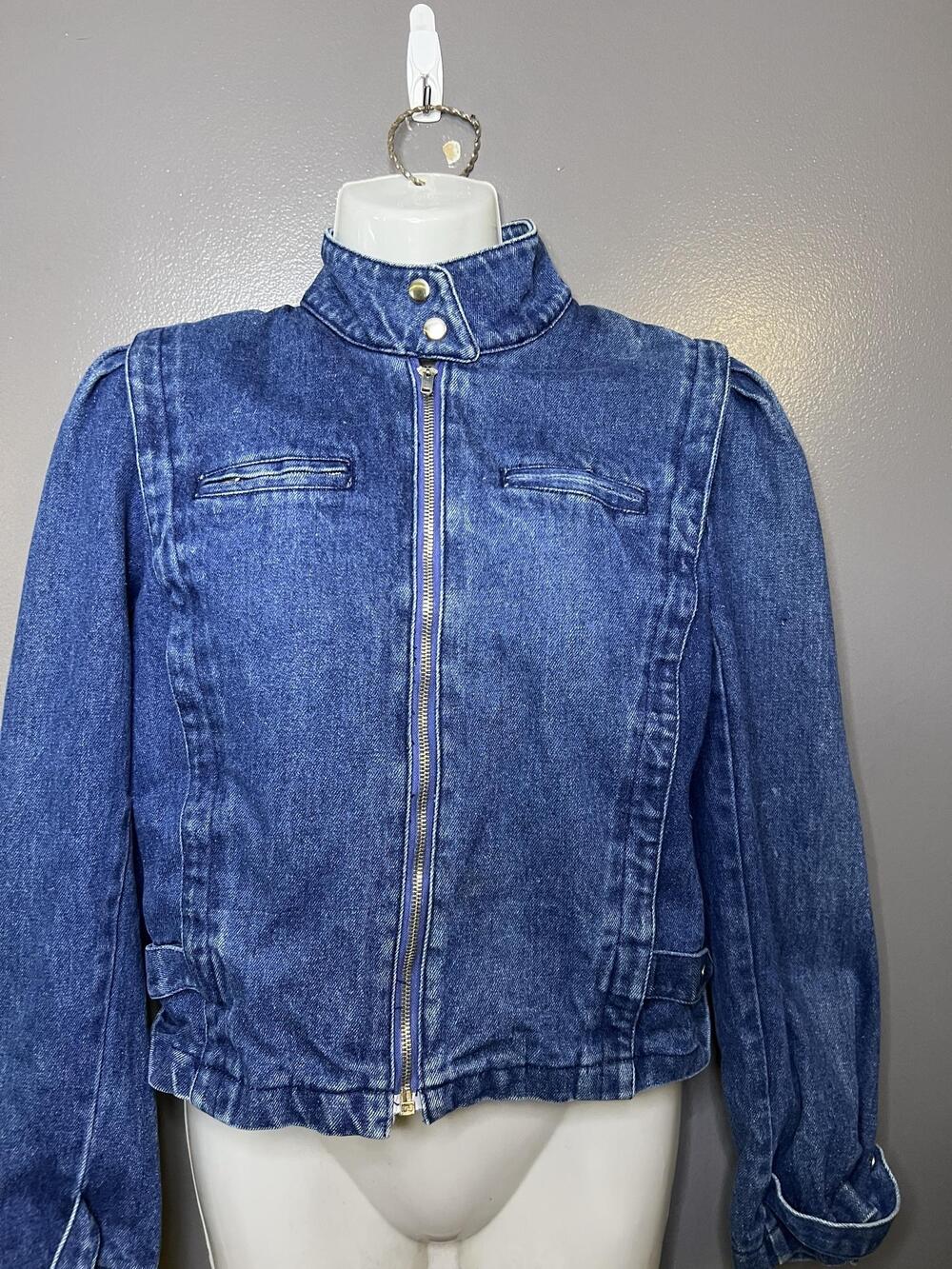 Vintage S.B.II Jacket Womens 8 Blue Denim Zip High Collar Cropped 80s Moto